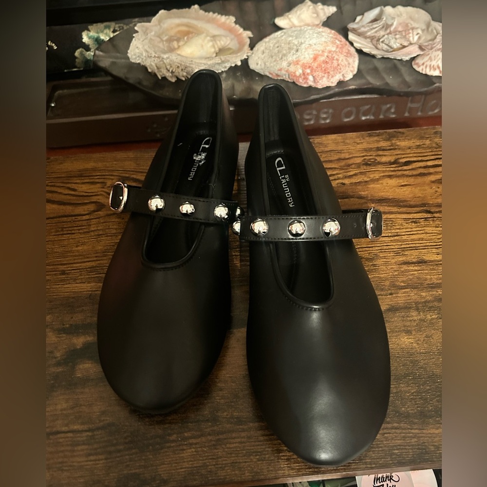 New CL by Laundry  Black Ballet Style Flats with Silver Buckle & Studs
